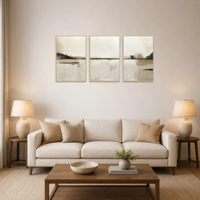 Abstract triptych set hanging above a modern sofa in a stylish living room.