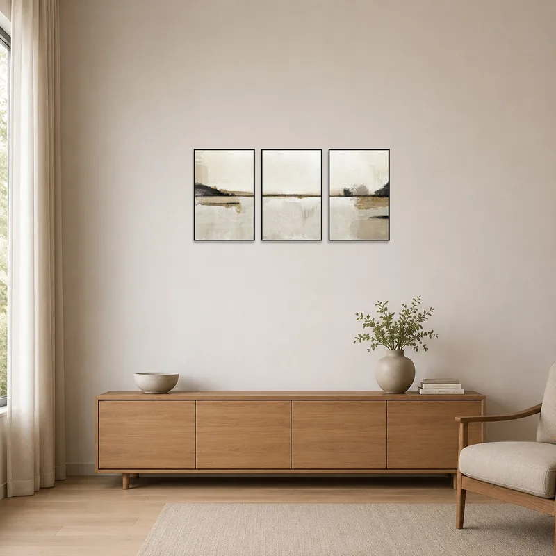 Abstract triptych set on a pristine wall emphasizing minimalist style.