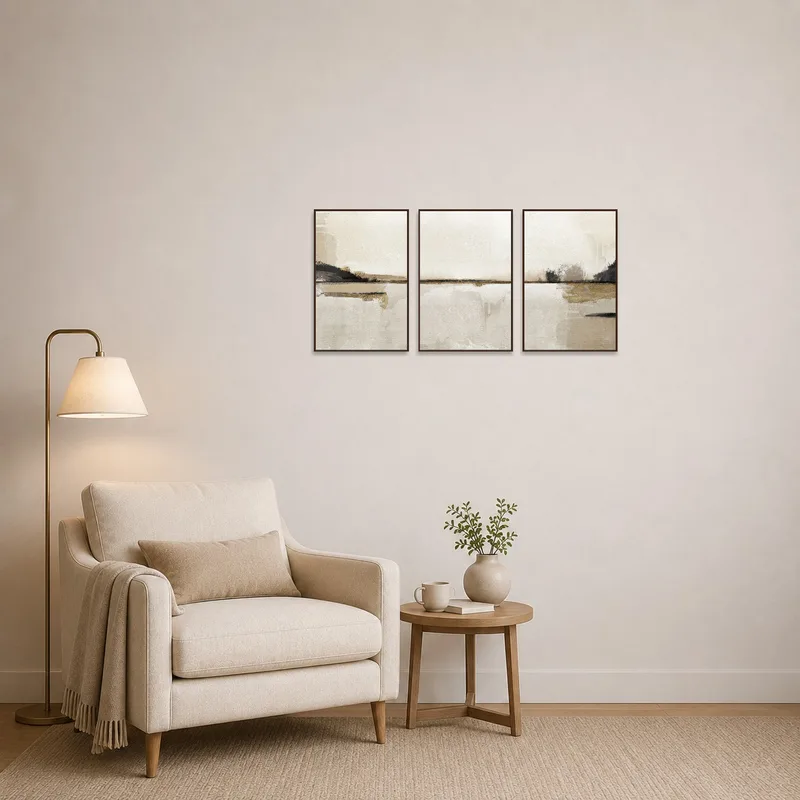 Abstract triptych set complementing a cozy chair in a reading corner.