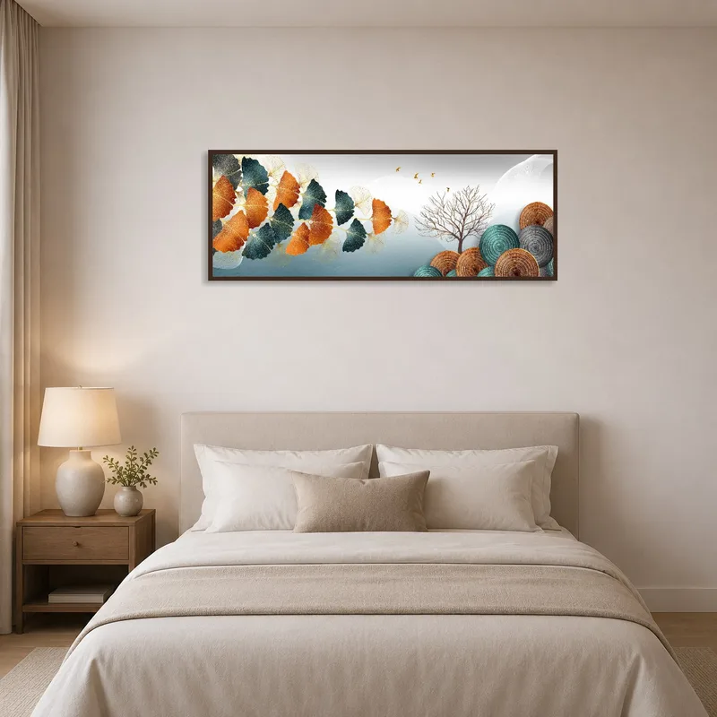 Bedroom wall showcasing a nature panorama of leaves and tree.