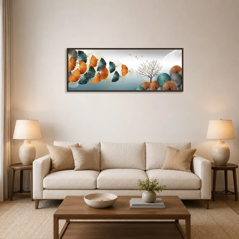 Nature panorama with leaves and tree on a living room wall.