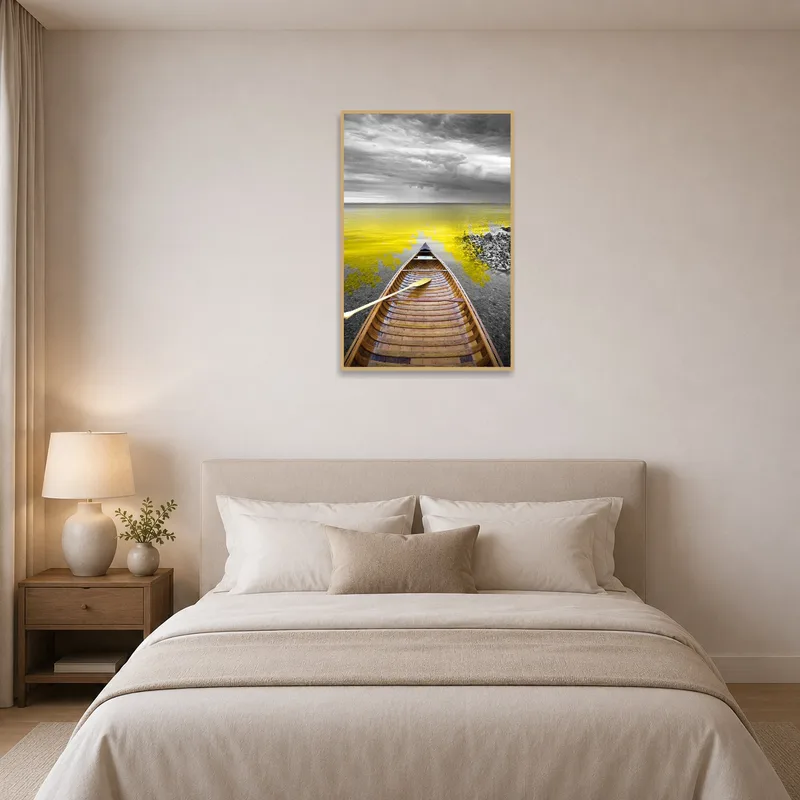 Bedroom adorned with a scene of a canoe on a yellow lake beneath stormy skies.