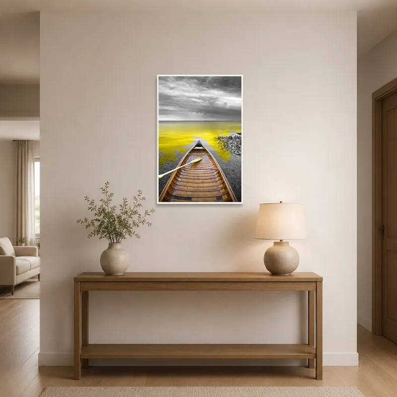 Entrance hall showcasing a canoe on a vivid yellow lake with storm clouds.