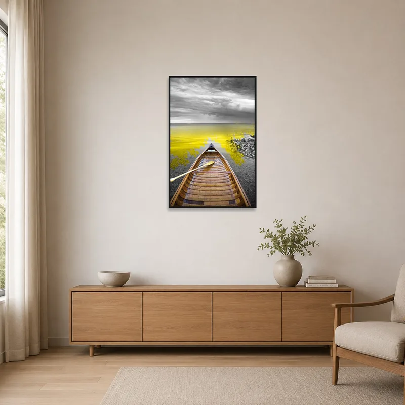 Canoe on a vibrant lake under dark skies in a minimalist space.