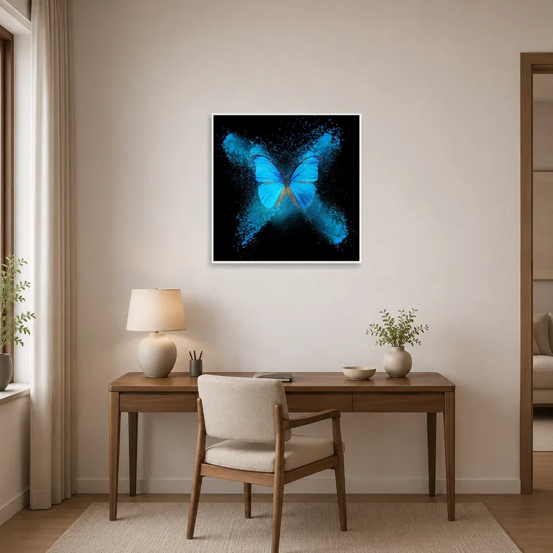 Home office energized by a blue butterfly on black canvas art.