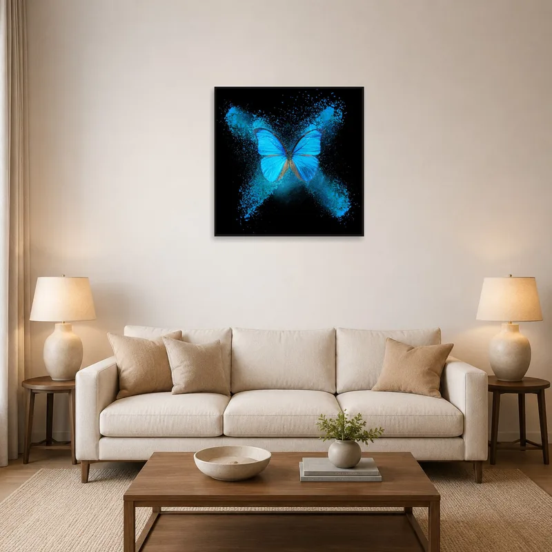 Blue butterfly art on black canvas featured in a cozy living room setting.