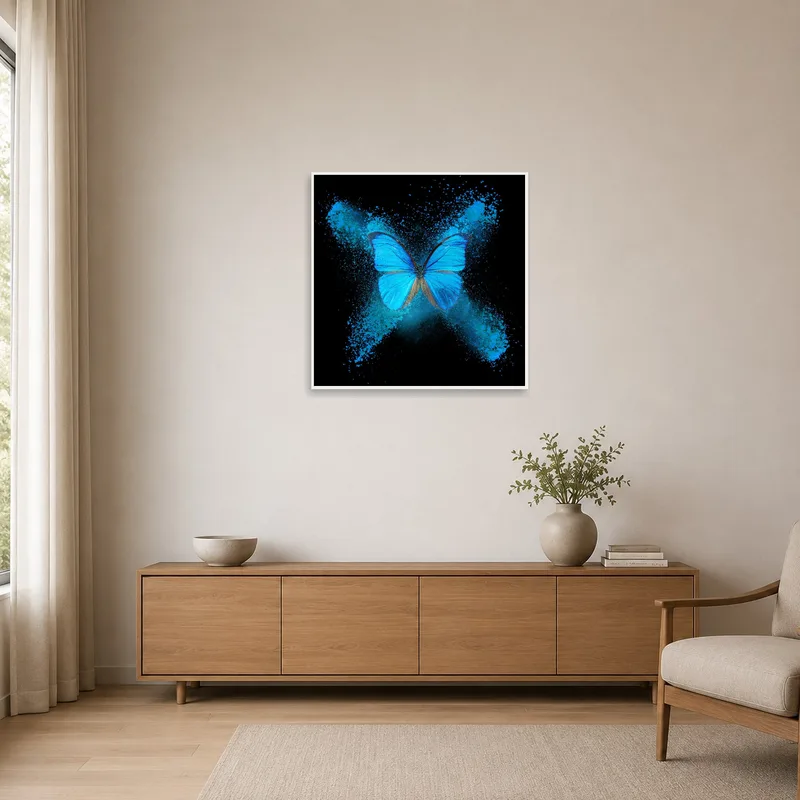 Minimalist space enhanced by a striking blue butterfly on black.