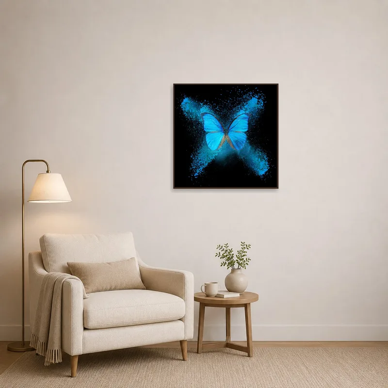 Reading corner brightened by a blue butterfly on a black canvas.