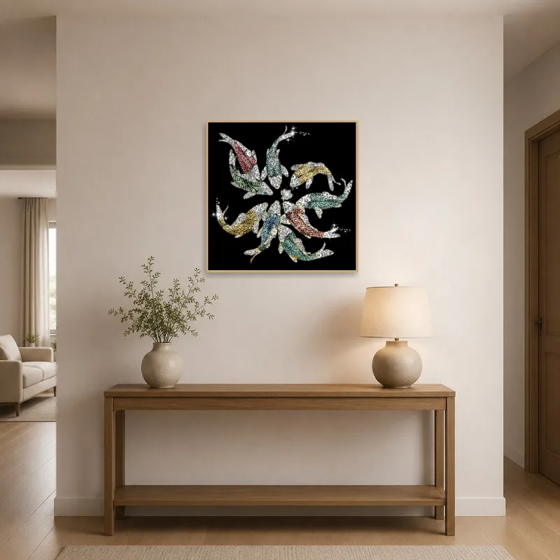 Koi fish design welcomes guests in a stylish entrance hall.