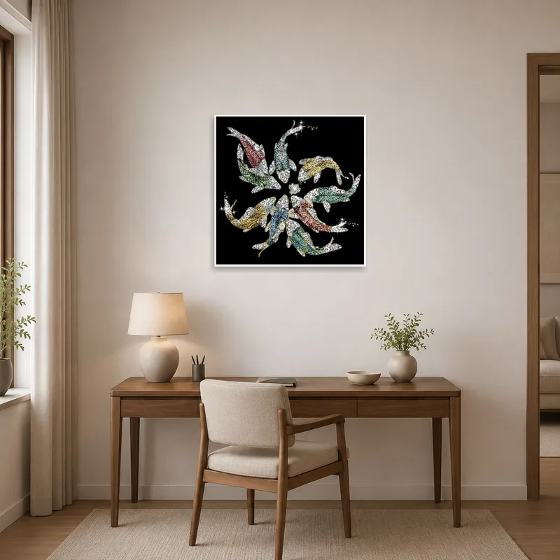 Koi fish design inspires creativity in a sleek home office.