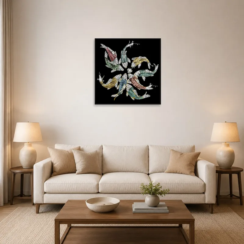Koi fish artwork above a modern sofa in a chic living room.