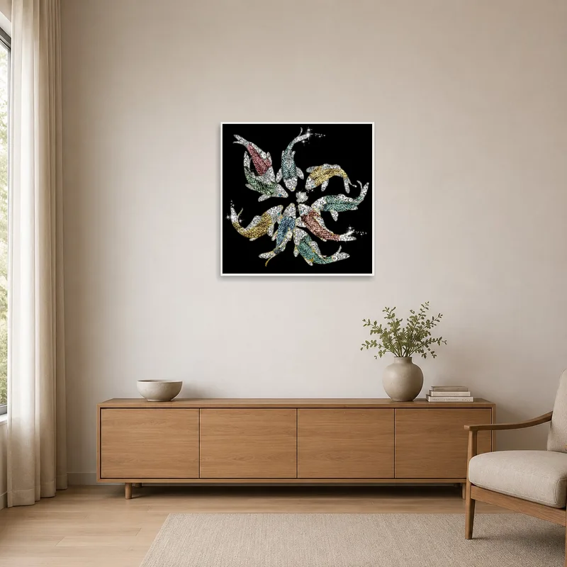 Koi fish piece on a stark white wall in a minimalist room.