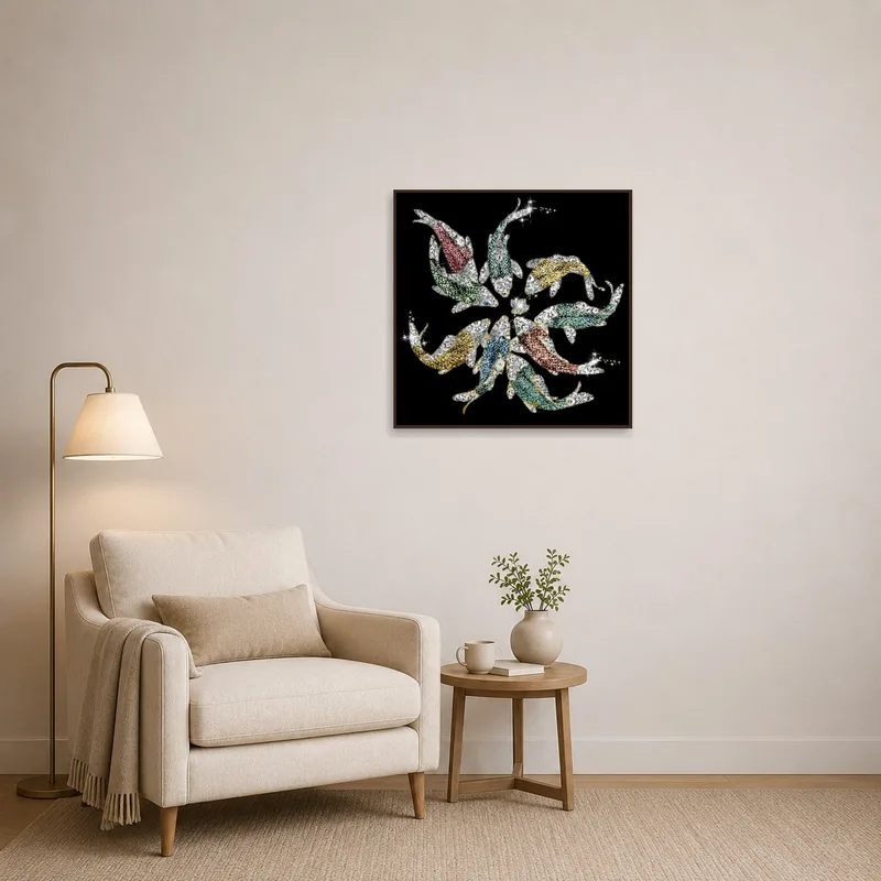 Koi fish artwork enhances tranquility in a cozy reading corner.