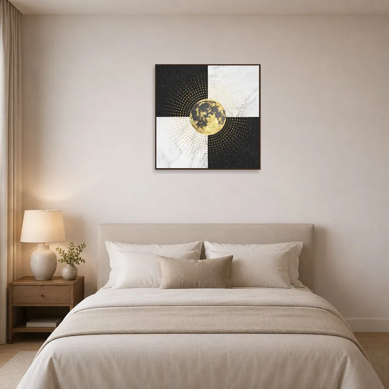 Golden celestial art is above a bed with soft, neutral bedding.
