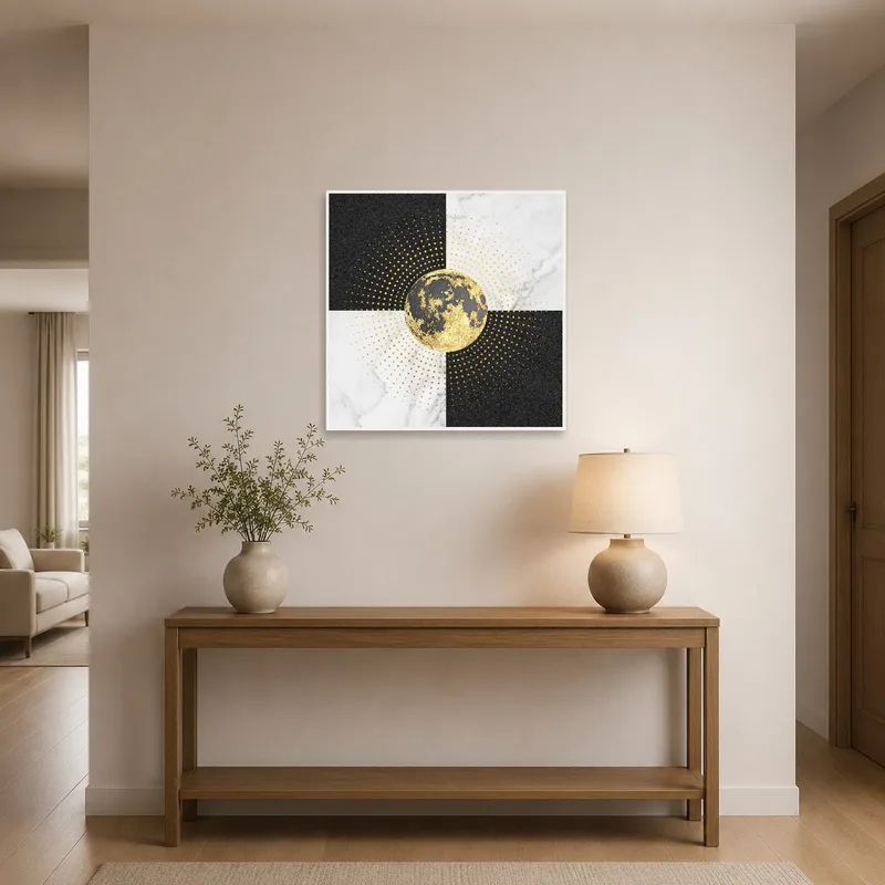 Gold accented print brightens the entrance hall with a tiny console below.