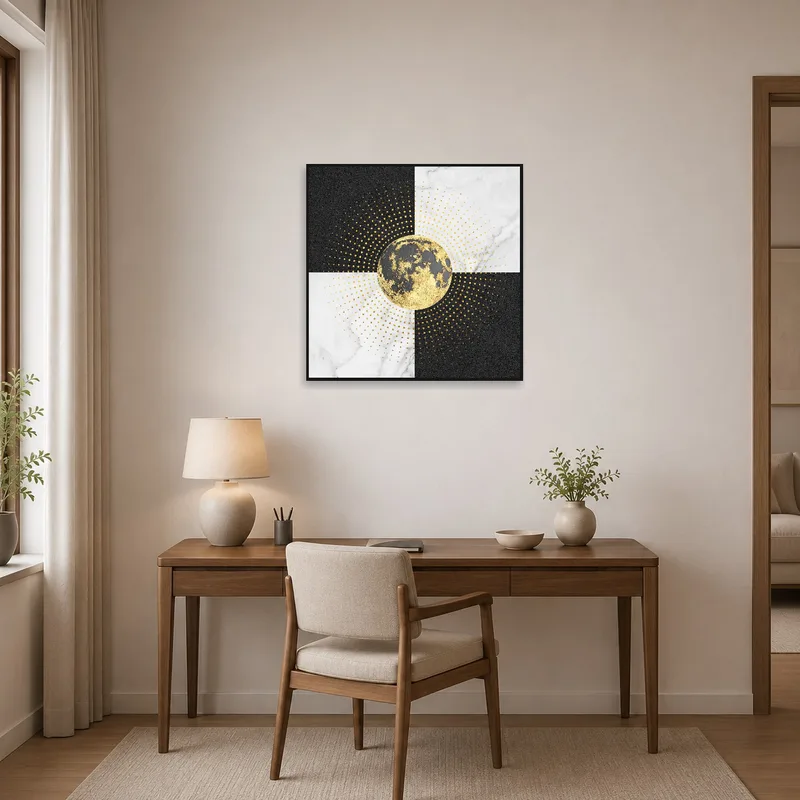 Celestial print on a home office wall brings warmth by a sleek desk.