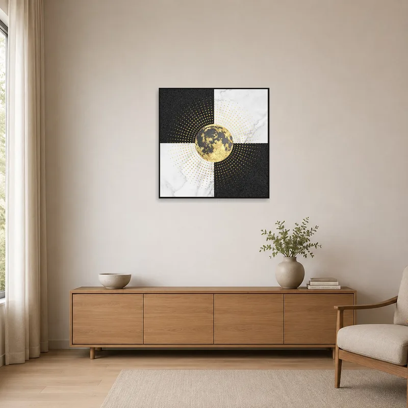 Celestial burst art complements a minimalist room with clean lines.
