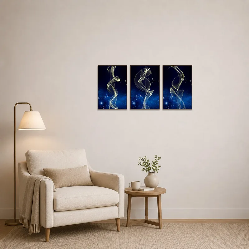 Celestial triptych enriches the atmosphere of a cozy reading corner.