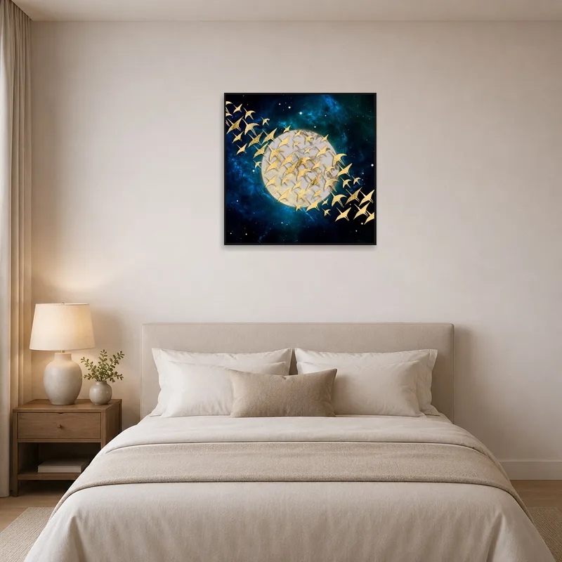 Serene bedroom highlighted by gold birds over a moon art piece.