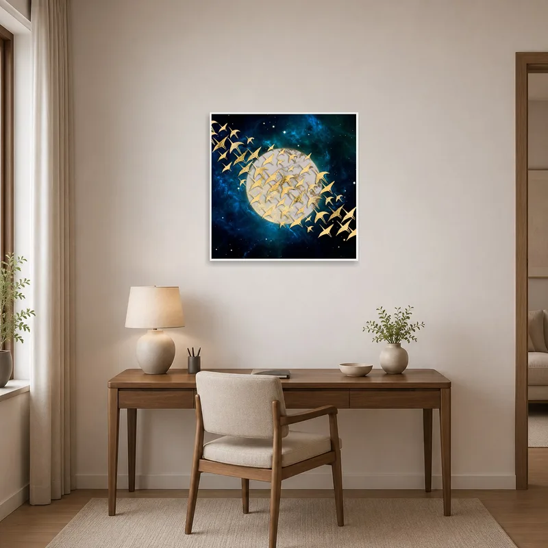 Home office with an inspiring gold birds and moon artwork.