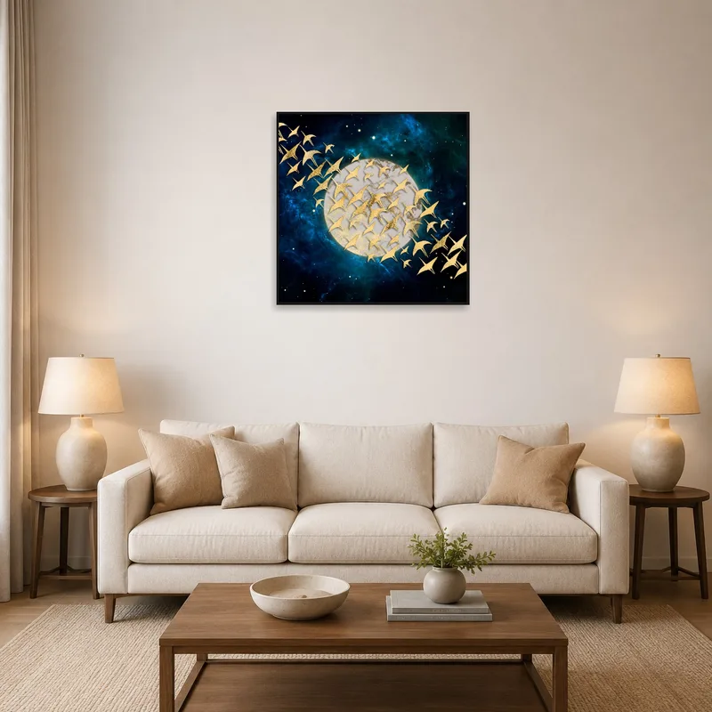 Gold birds soaring over a moon artwork in a stylish living room.