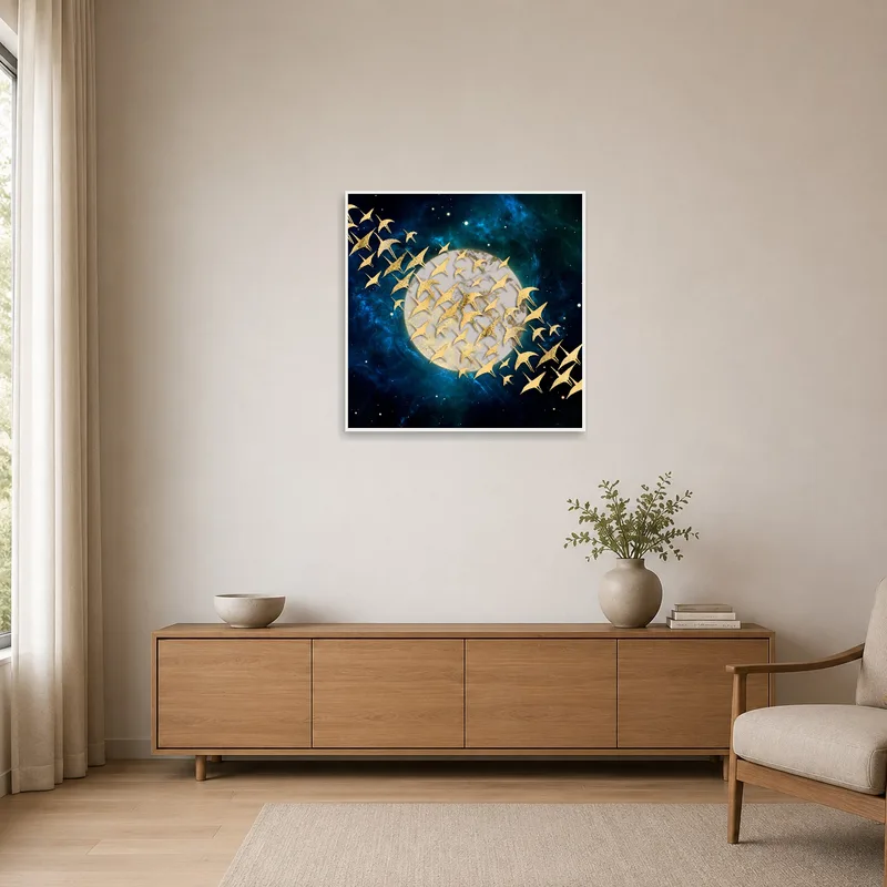 Moon with gold birds artwork enhancing a minimalist space.