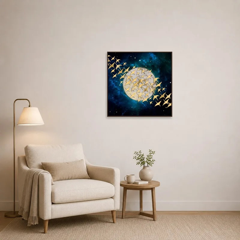 Cozy reading corner graced by a moon and gold birds artwork.
