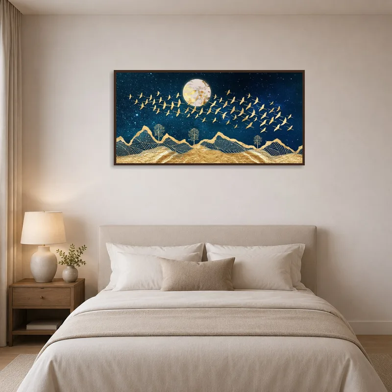 Golden mountains and a celestial theme piece adorns a serene bedroom wall.