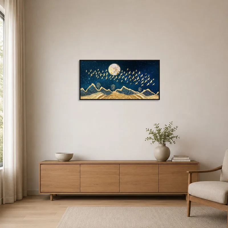 Celestial flight over golden mountains provides a focal point in a minimalist room.