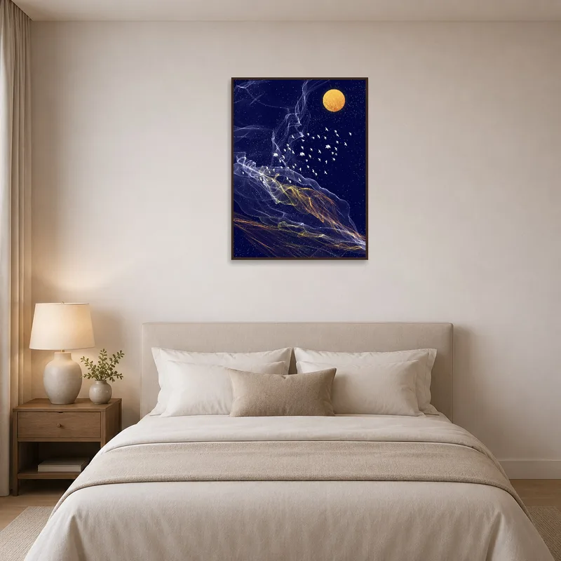 Bedroom wall art featuring a bird flying beneath a golden moon.