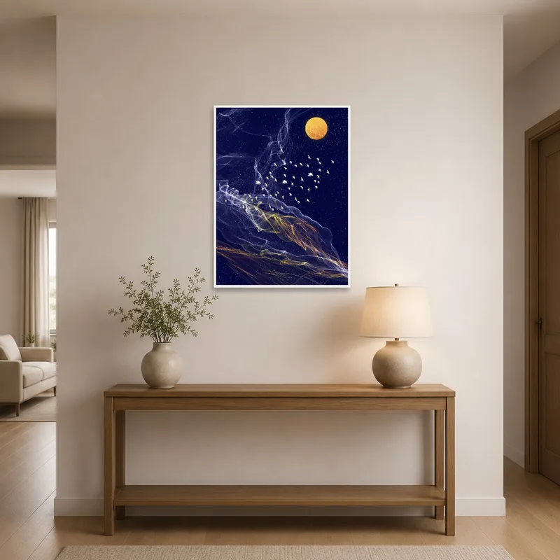 Golden moon and bird artwork on an entrance hall wall.
