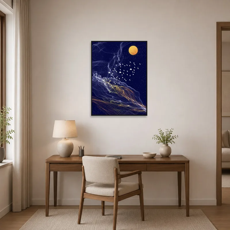 Home office wall featuring a bird under a glowing golden moon.