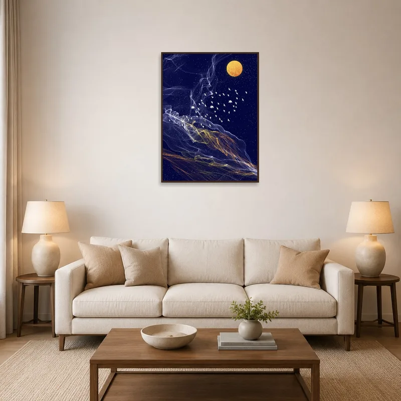 Celestial bird flying under a golden moon on a living room wall.