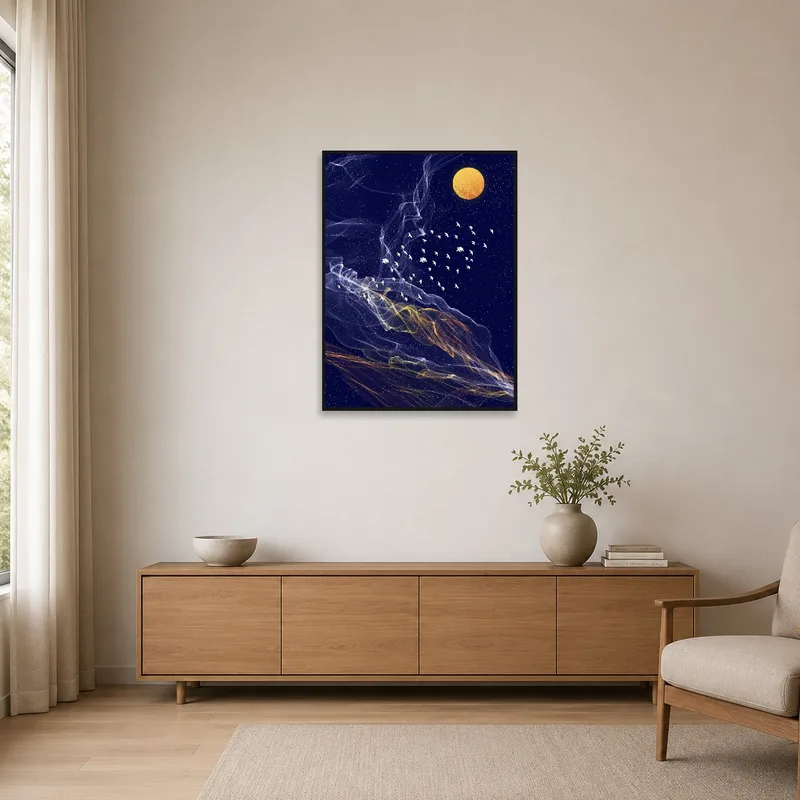 Simple image of a bird and golden moon in a minimalist setting.