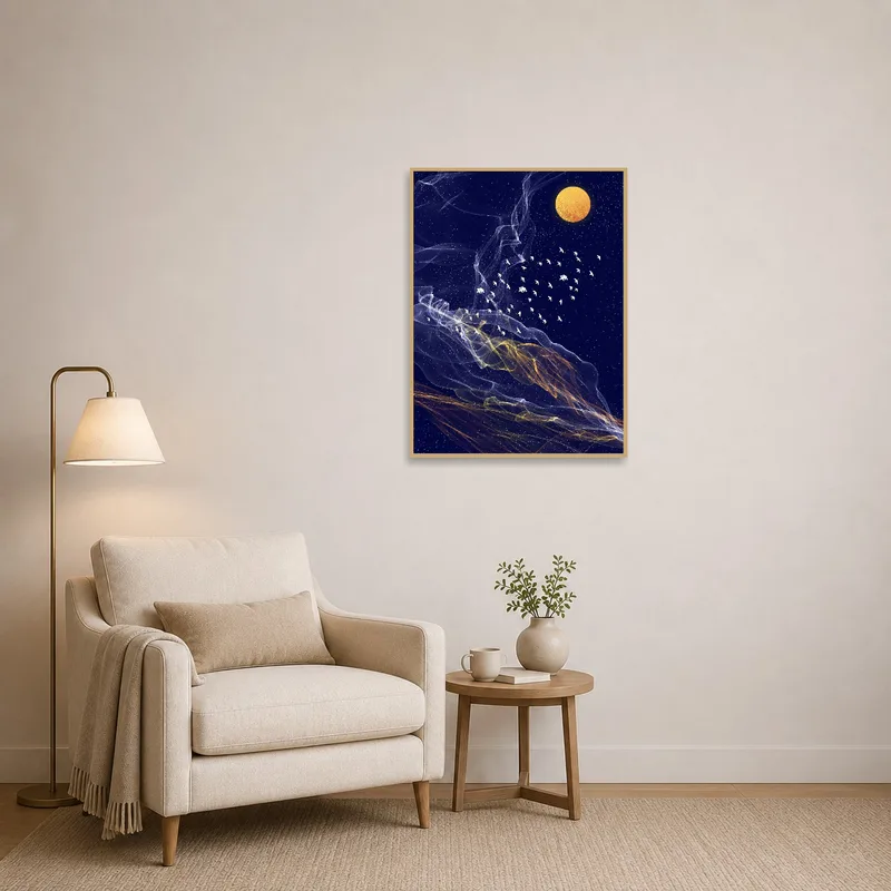 Reading corner adorned with a celestial bird and moon artwork.