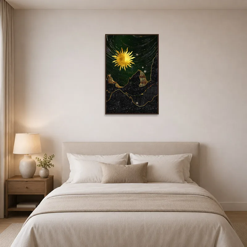 Celestial scene with sun and peaks enhancing the tranquility of a peaceful bedroom.