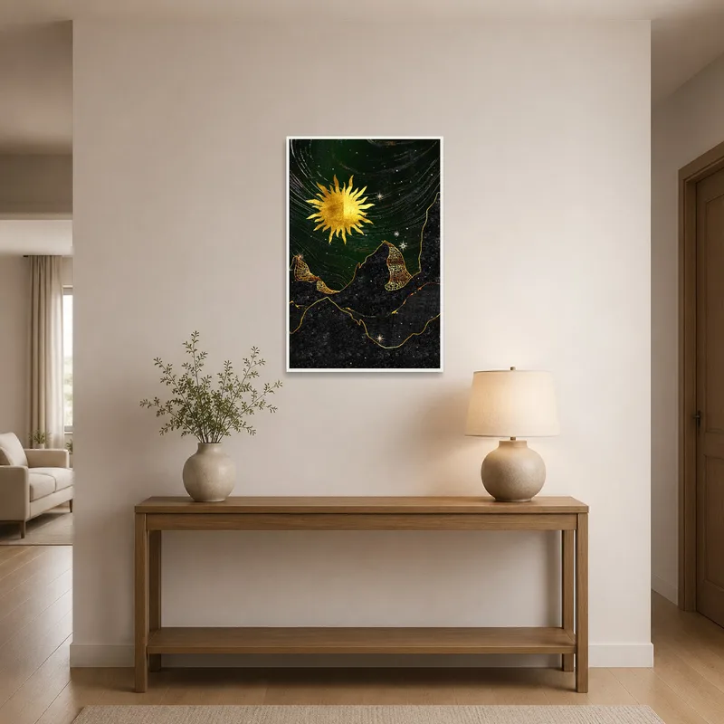 Golden sun and peaks nightscape displayed in an entrance hall above a console table.