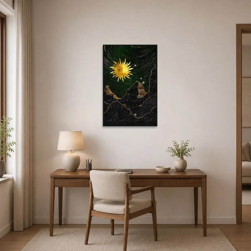 Golden sun and peaks artwork inspiring creativity in a tidy home office setting.