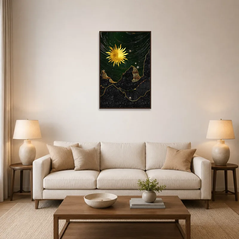 Celestial artwork with golden sun and peaks hanging above a modern sofa in a living room.