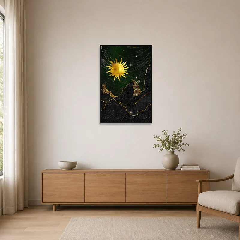 Celestial nightscape with sun and peaks on a stark white wall of a minimalist space.