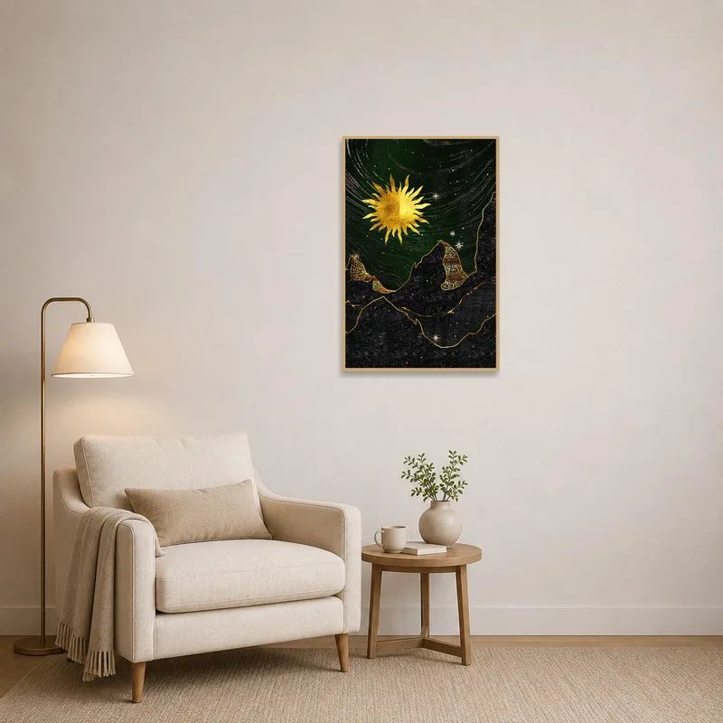 Artwork of a celestial nightscape adds charm to a cozy reading corner with a comfy chair.