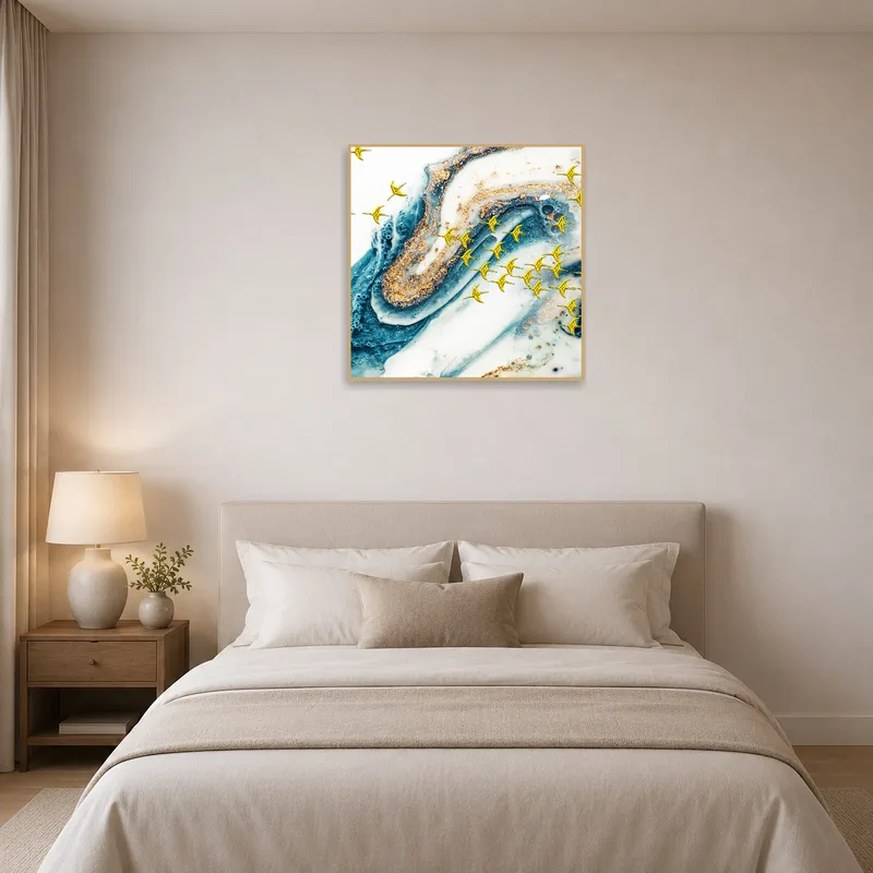 Celestial swirls abstract art print enhancing the ambiance of a bedroom.