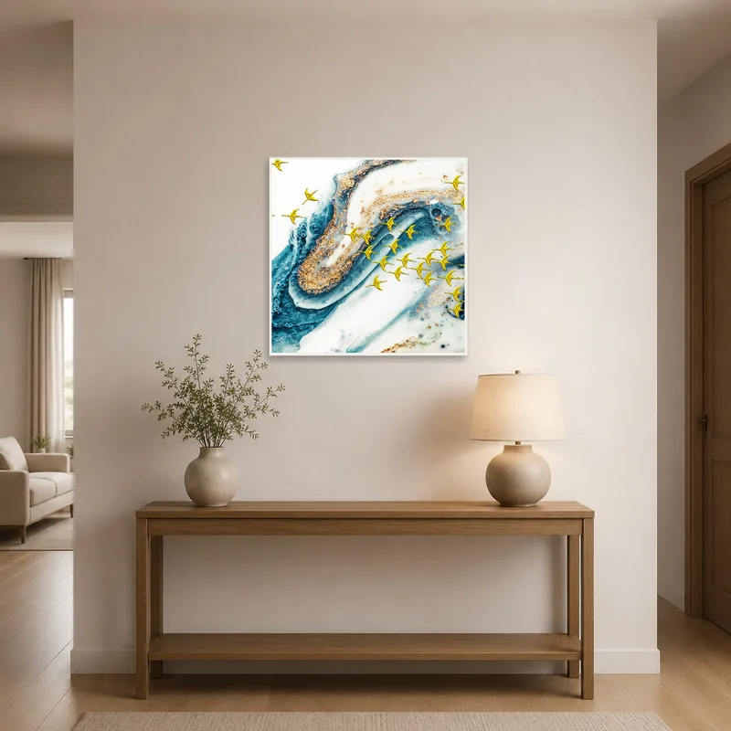 Celestial swirls art print welcoming guests in an entrance hall setting.