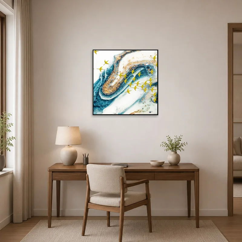 Celestial swirls abstract art print providing inspiration in a home office.