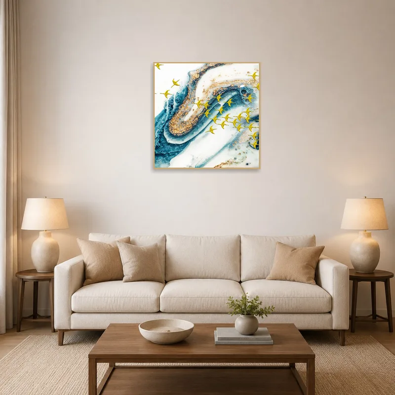 Celestial swirls abstract art print on a living room wall above a modern sofa.