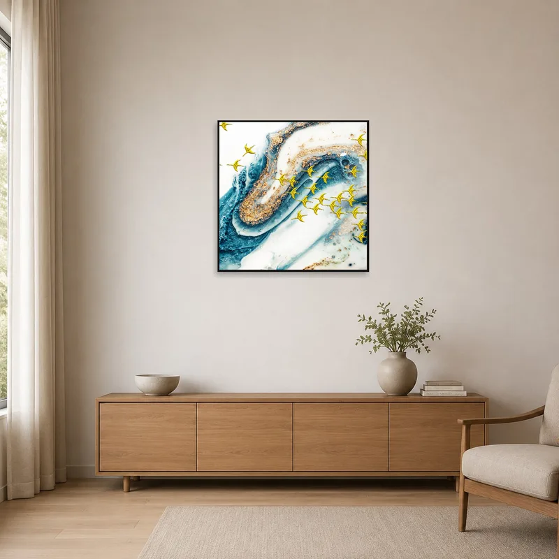 Celestial swirls abstract art print adding subtle elegance to a minimalist space.