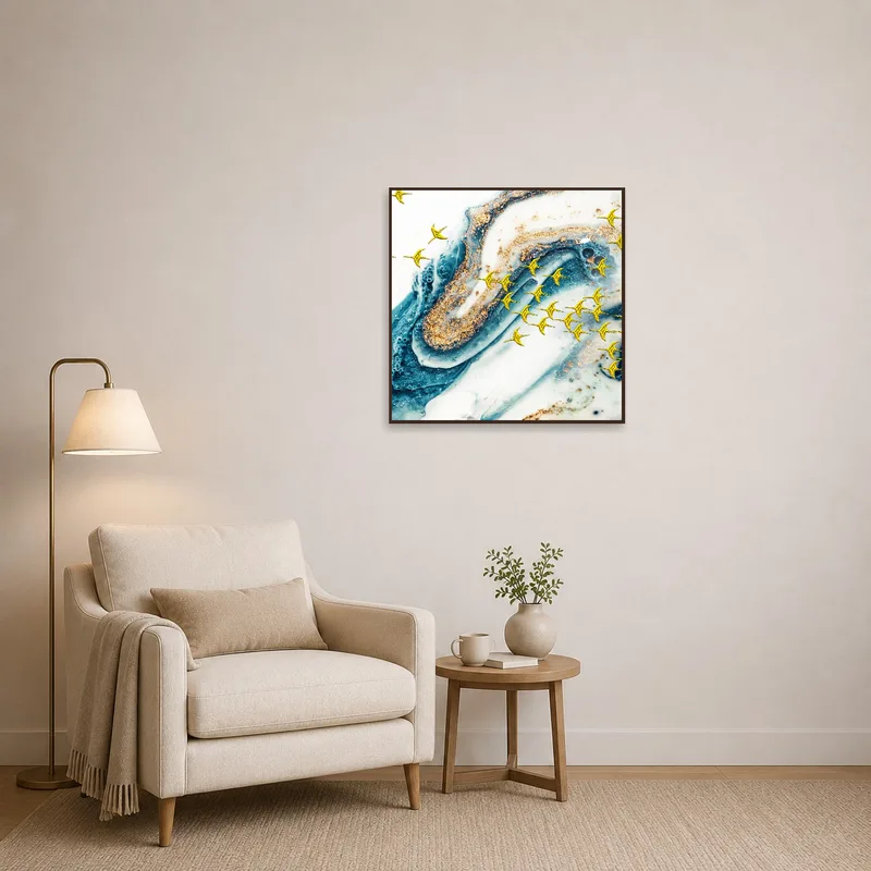 Celestial swirls abstract art print placed near a cozy reading corner.