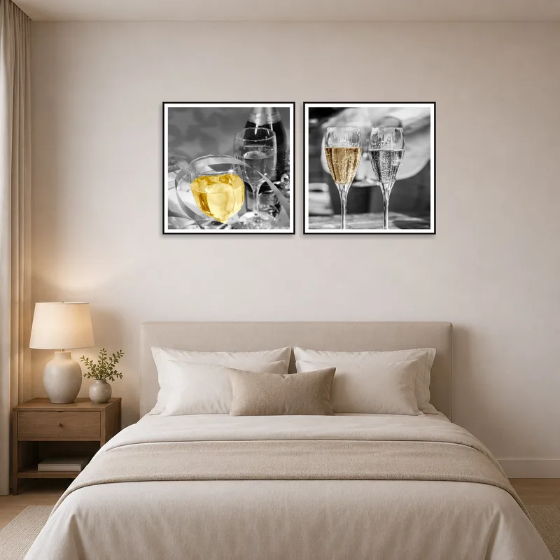 Champagne Celebration artworks enhancing a serene bedroom ambiance with muted tones and soft bedding.