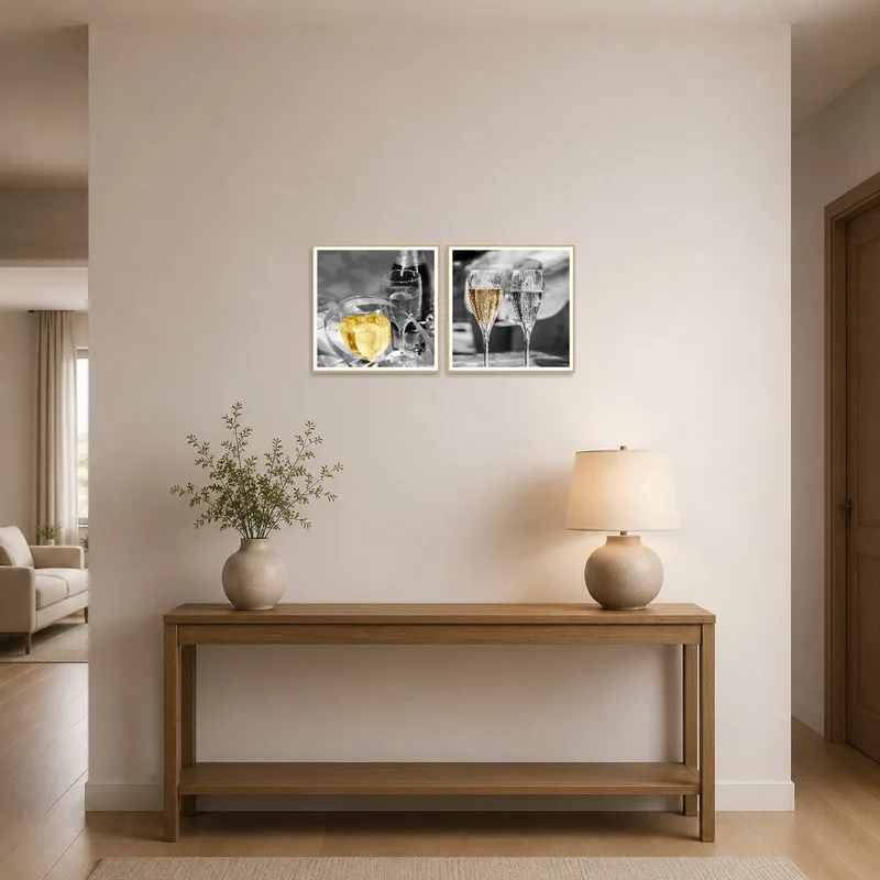 Elegant Champagne Celebration pieces greeting guests in a stylish entrance hall with a console table.
