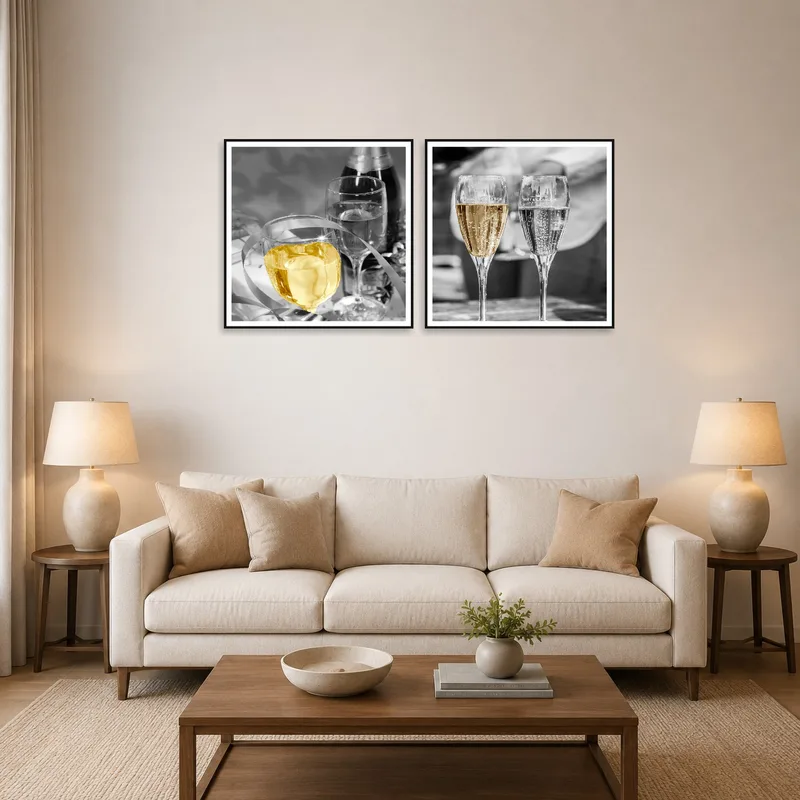 Champagne Celebration art set hanging in a cozy living room with neutral tones and plush seating.